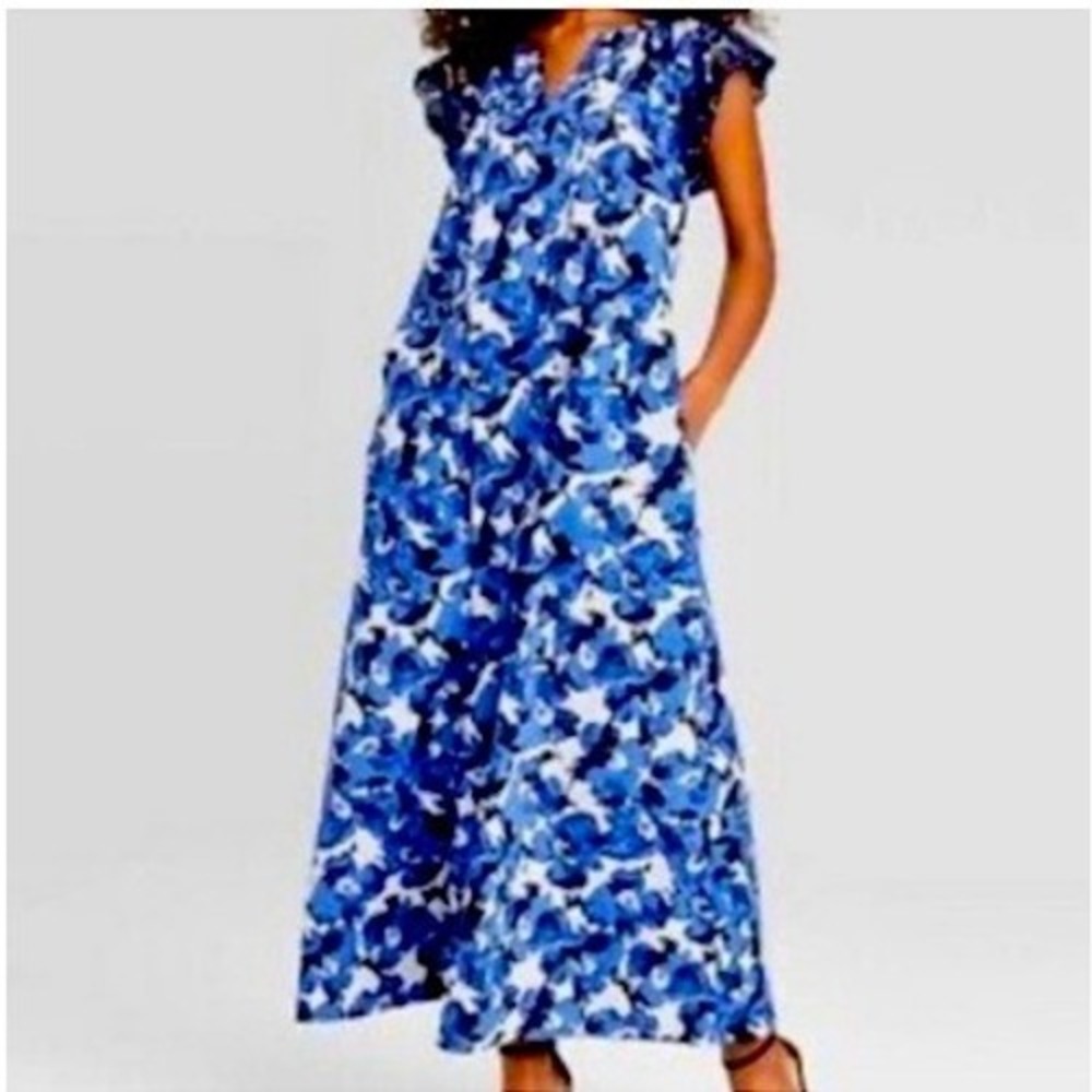 Who What Wear Floral Maxi Dress Blue‎ White Black Lace Flutter Sleeve Size XS